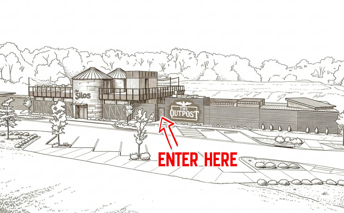 an inllustration pointing out with an arrow where the entrance to the Outpost is along the facade of The Silos along Bridgeport Way